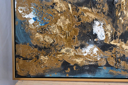 Steel Symphony Abstract Canvas Painting Gold Teal Framed 41"x61"