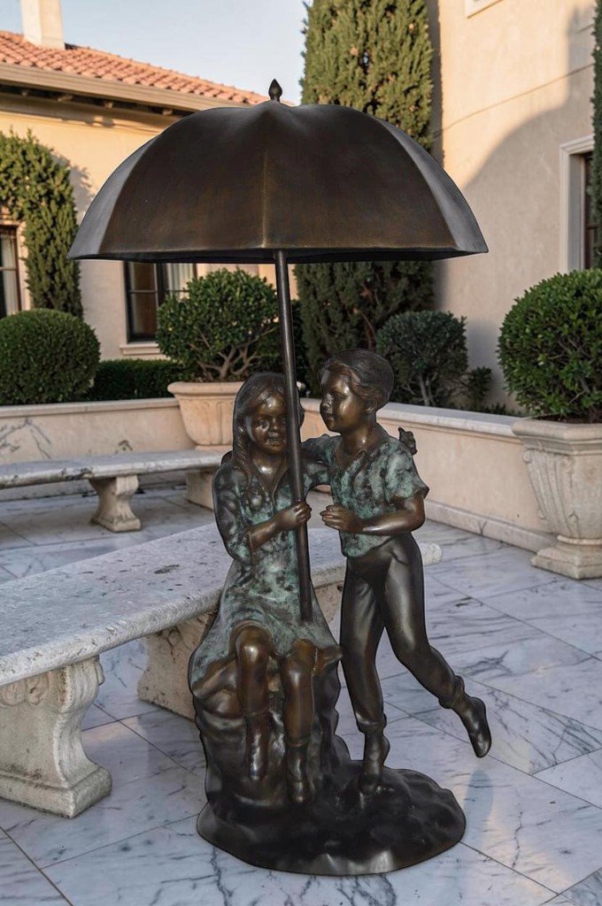 Kids Playing under Umbrella Bronze Fountain -  Size: 20"L x 20"W x 37"H.