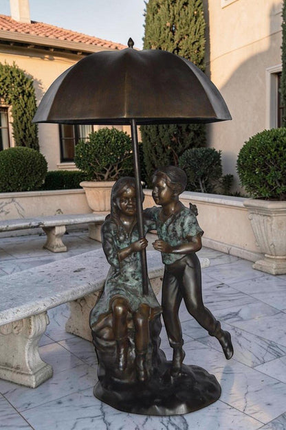 Kids Playing under Umbrella Bronze Fountain -  Size: 20"L x 20"W x 37"H.