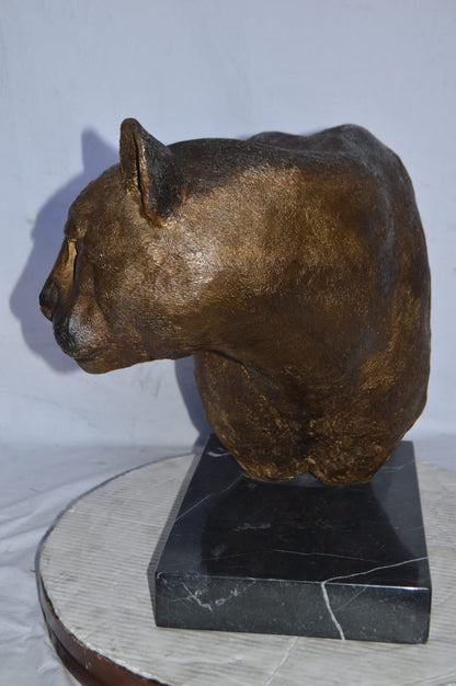 Mountain Lion Head bronze statue on a marble base - Size: 18"L x 15"W x 21"H.