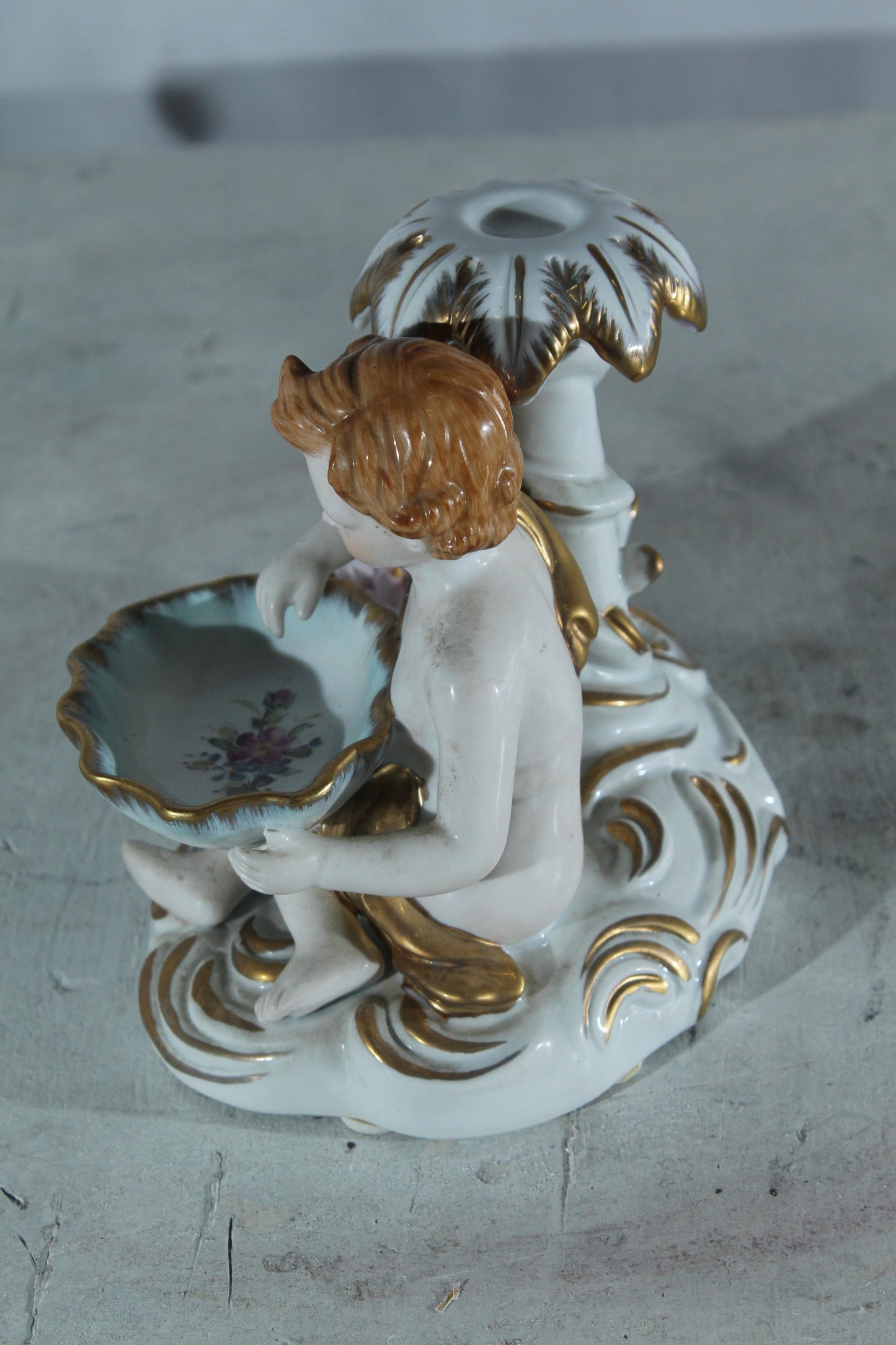 Porcelain Cherub Candle Holder with Floral Dish 9"x6"x7"H
