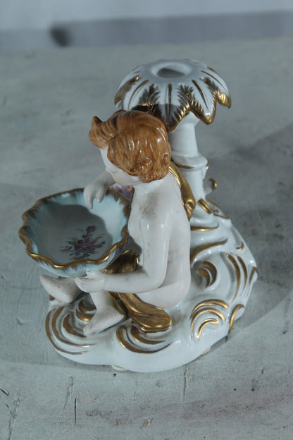Porcelain Cherub Candle Holder with Floral Dish 9"x6"x7"H