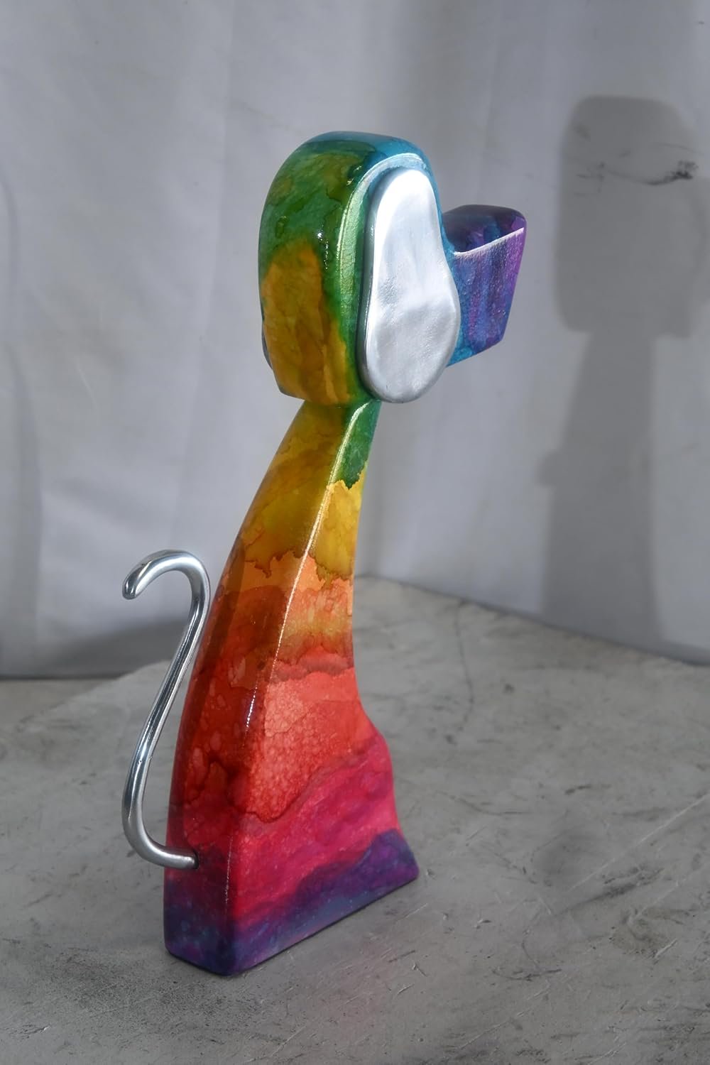 Abstract Rainbow Painted Wood Dog Figurine Aluminum Ears 8"x2"x15"H