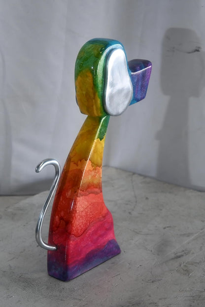 Abstract Rainbow Painted Wood Dog Figurine Aluminum Ears 8"x2"x15"H