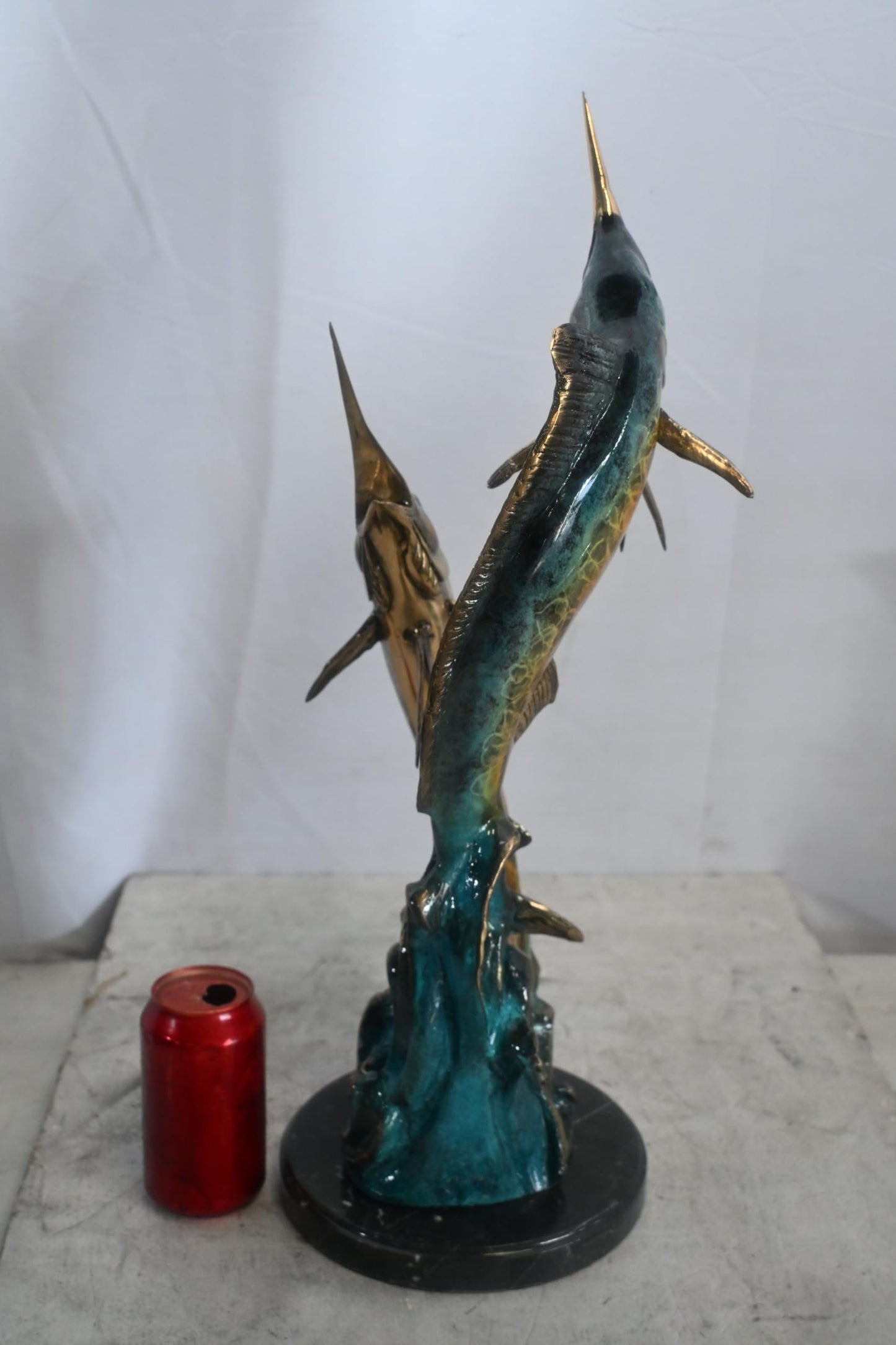 Two Marlin Bronze Sculpture Ocean Wave Game Fish 9"x9"x23"H