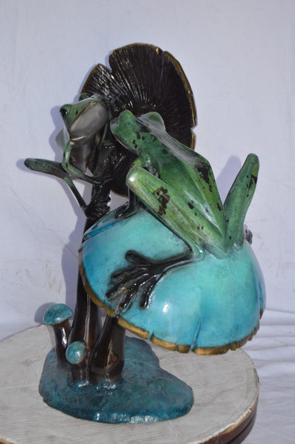 Nifao Bronze Two Frogs on Mushrooms Statue – Hand-Cast Lost Wax Sculpture with Polychrome Patina, Tabletop Nature Art - 24" L x 15" W x 27" H