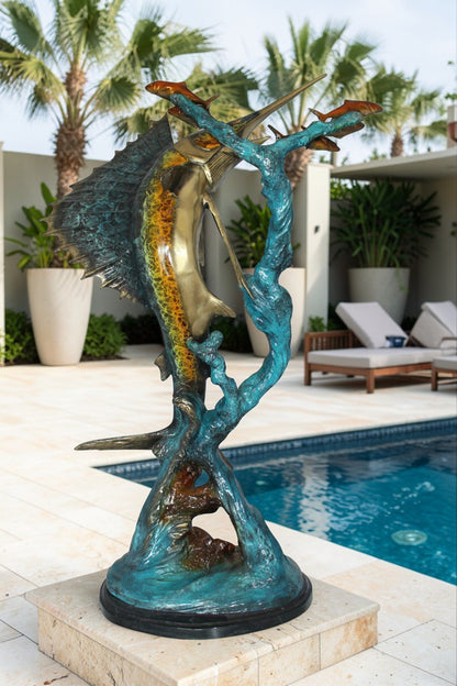 Sailfish With Small Fish Bronze Statue -  Size: 29"L x 17"W x 40"H.