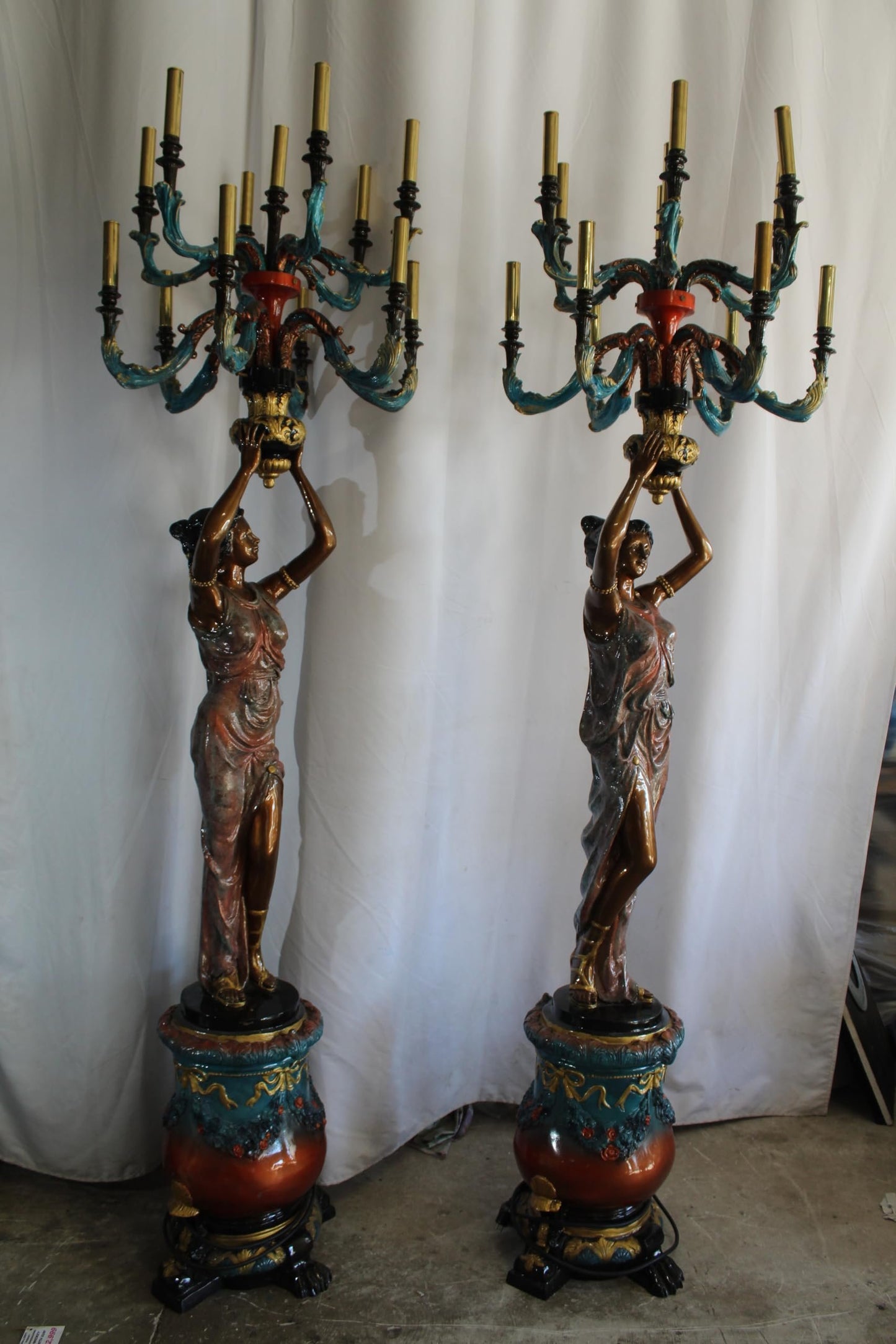 NIFAO Pair Giant Bronze Lady Candelabra Chandeliers Floor Lamps 30"x30"x100"H