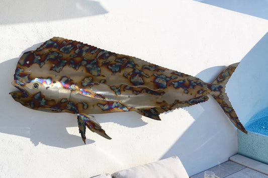 Mahi Mahi laser cut steel wall mounted - Size: 33"L x 2"W x 13"H.
