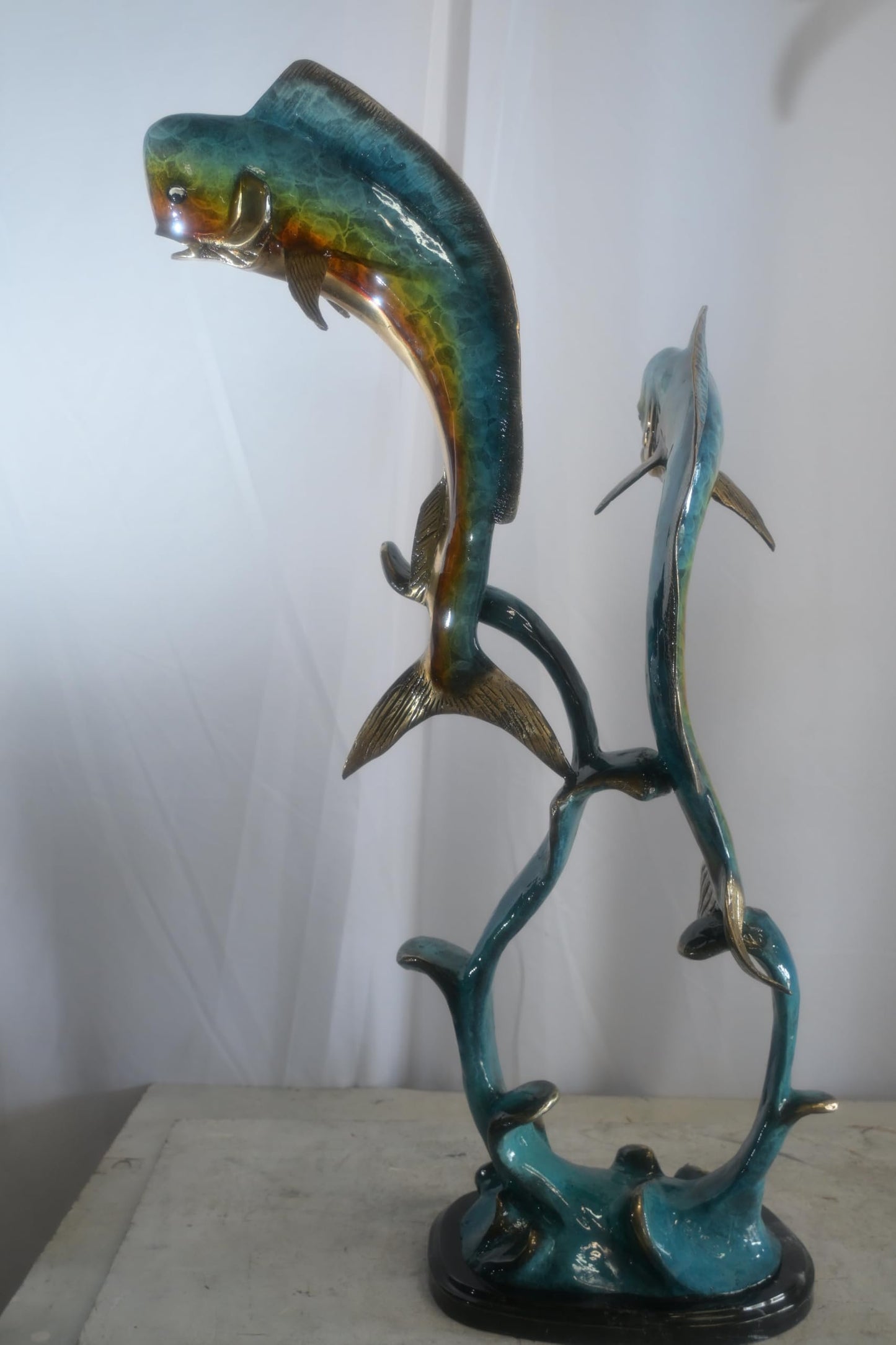 Bronze Dual Mahi Mahi Fish Sculpture on Wave Marble Base 19"x12"x35"H