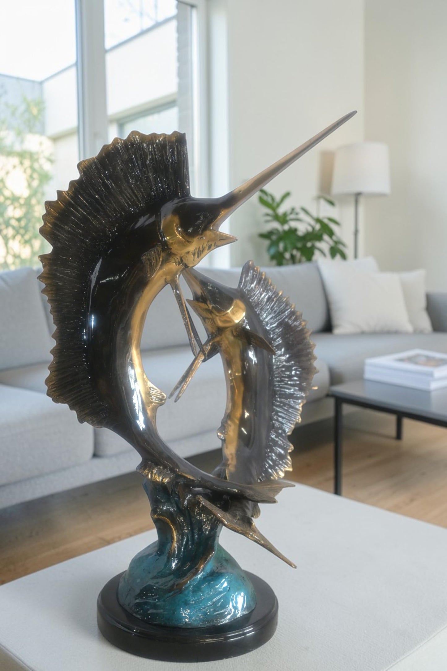 Bronze Dual Sailfish Sculpture on Wave Base and Marble 11"x10"x20"H