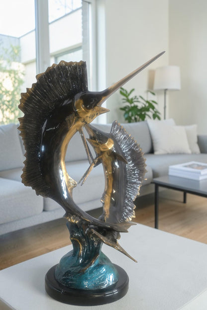 Bronze Dual Sailfish Sculpture on Wave Base and Marble 11"x10"x20"H