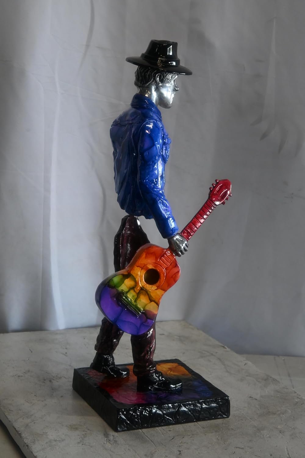 Traveler Musician Holding Guitar Case Aluminum Sculpture 9"x8"x34"H