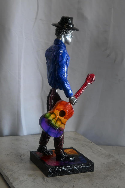 Traveler Musician Holding Guitar Case Aluminum Sculpture 9"x8"x34"H