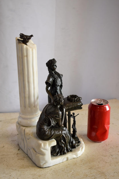 Two Pensive Goddesses by Marbe Pillar Bronze Statue  8" x 8" x 13"H