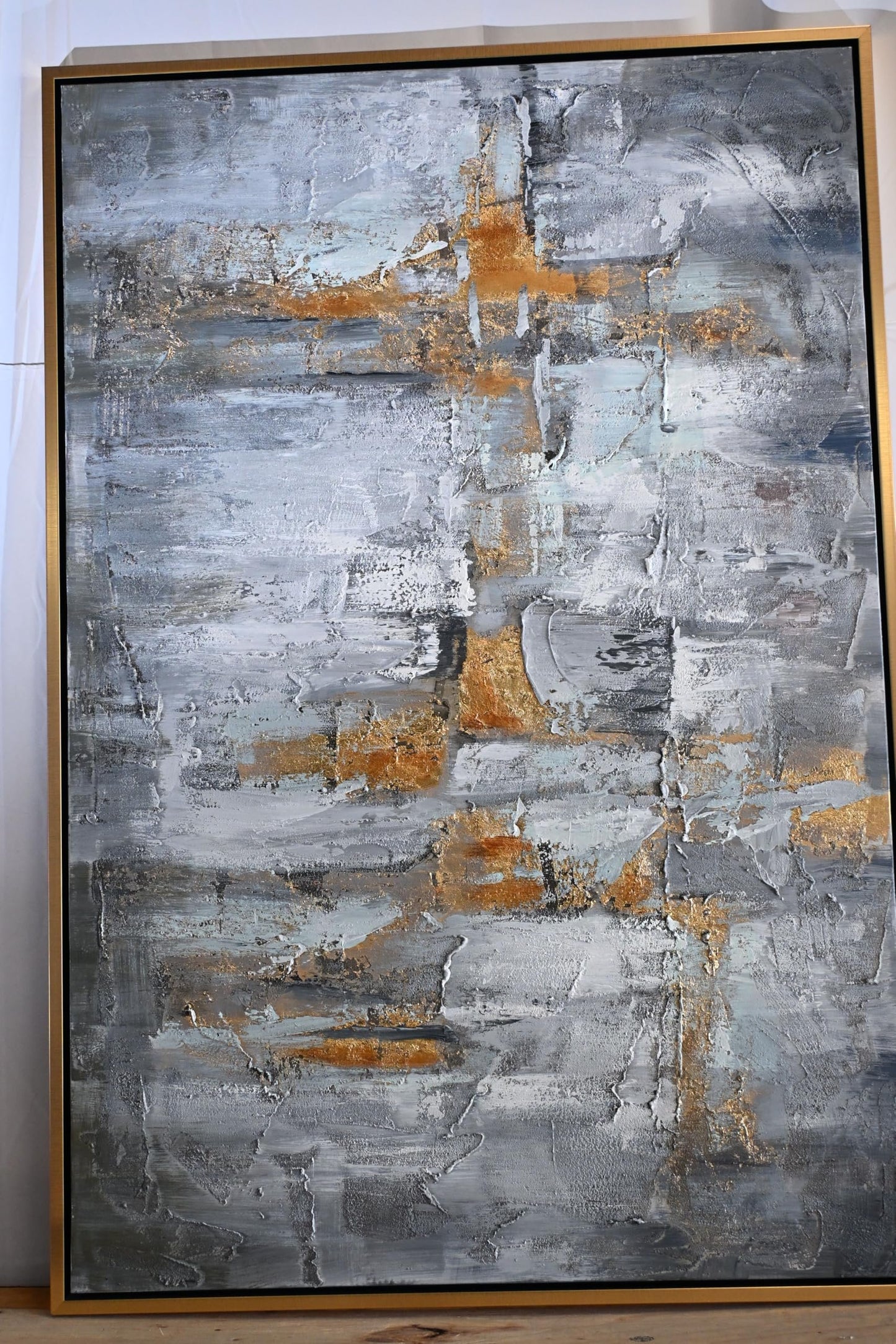 Velvet Dream Abstract Canvas Painting Gray Gold Framed Art 41"x61"