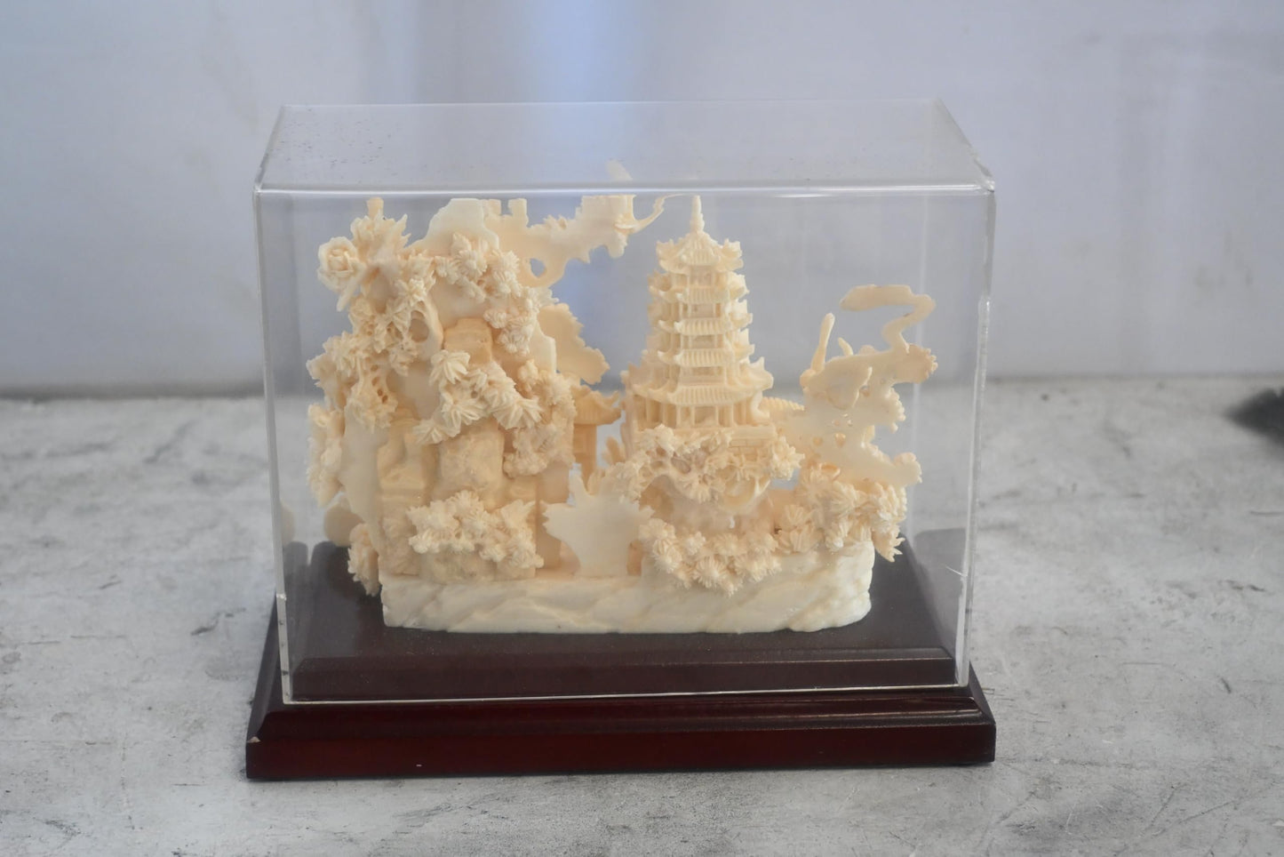Carved Resin Chinese Garden Scene with Bridge in Case 8"x4"x7"H