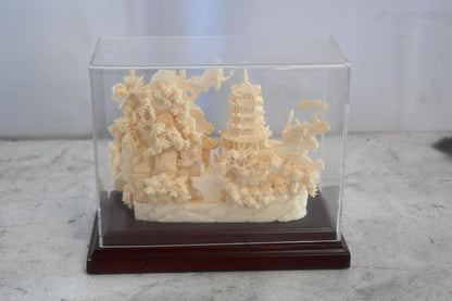 Carved Resin Chinese Garden Scene with Bridge in Case 8"x4"x7"H
