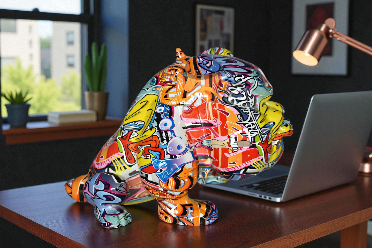 Modern Happy Graffiti Bulldog Statue Made of Resin Size: 14" x 19" x 10"H