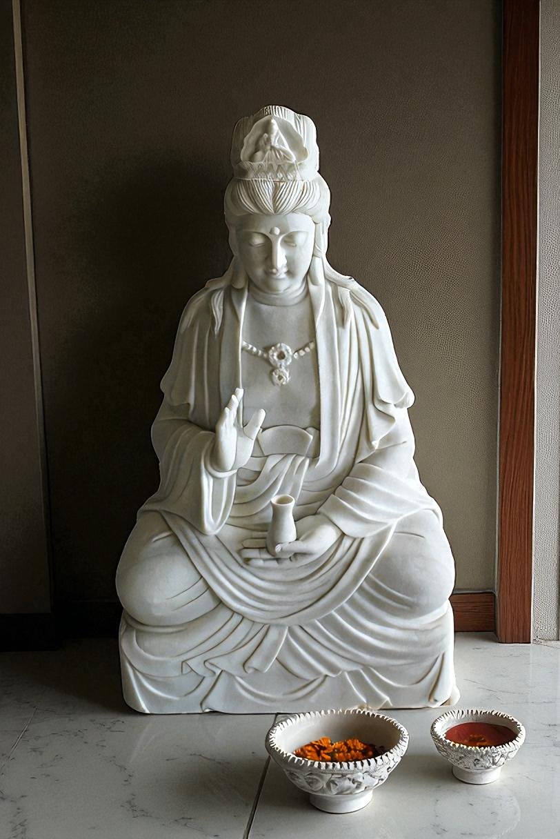 Giant Graceful Buddha in All White Marble Statue 20" x 25" x 44"H