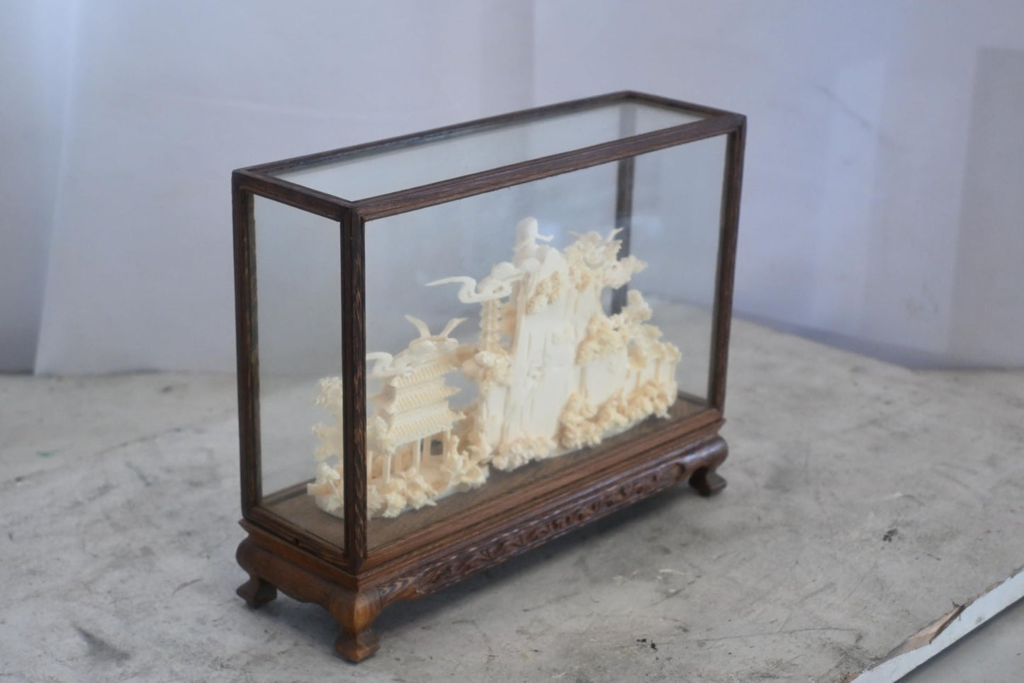 Carved Resin Chinese Scholar Landscape in Wood Case 12"x4"x9"H