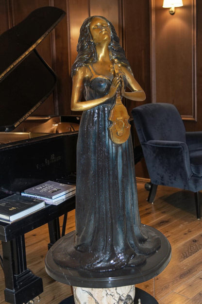 Lady With Violin Bronze Statue -  Size: 11"L x 8"W x 23"H.