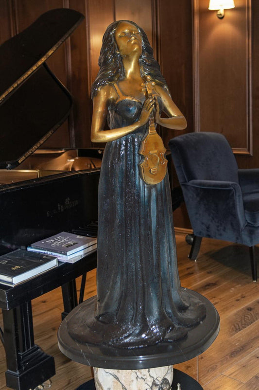 Lady With Violin Bronze Statue -  Size: 11"L x 8"W x 23"H.