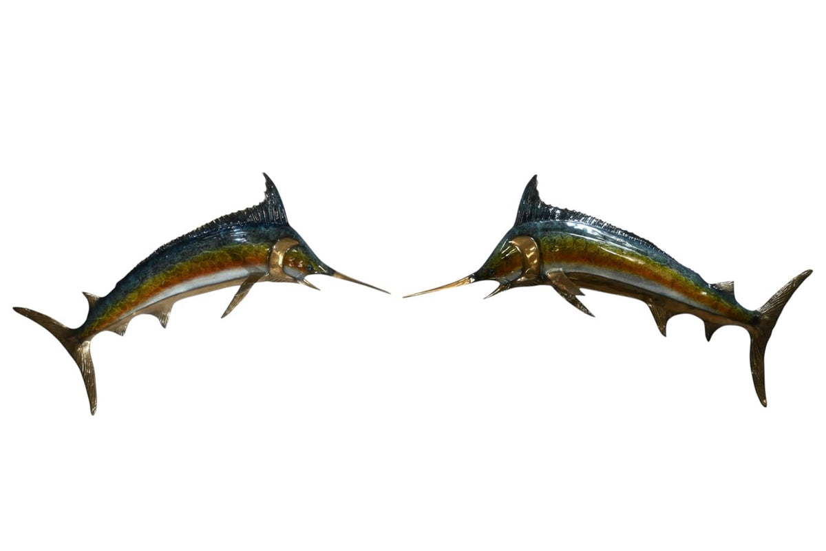 Pair of Bronze Marlin Wall Sculptures Coastal Fish Decor 56"x24"x13"H