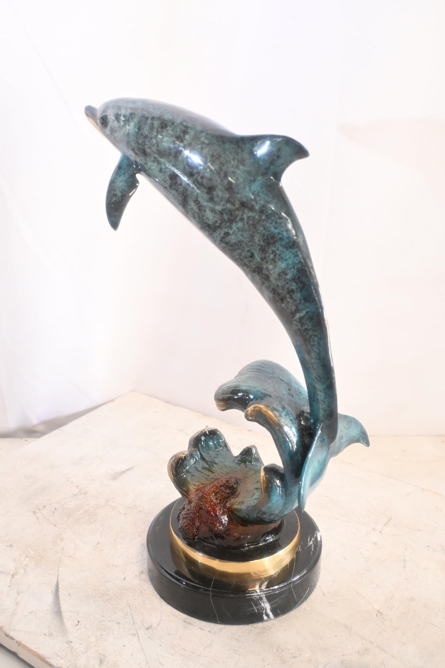 Single Dolphin Bronze Sculpture Leaping Wave Base 13"x8"x21"H