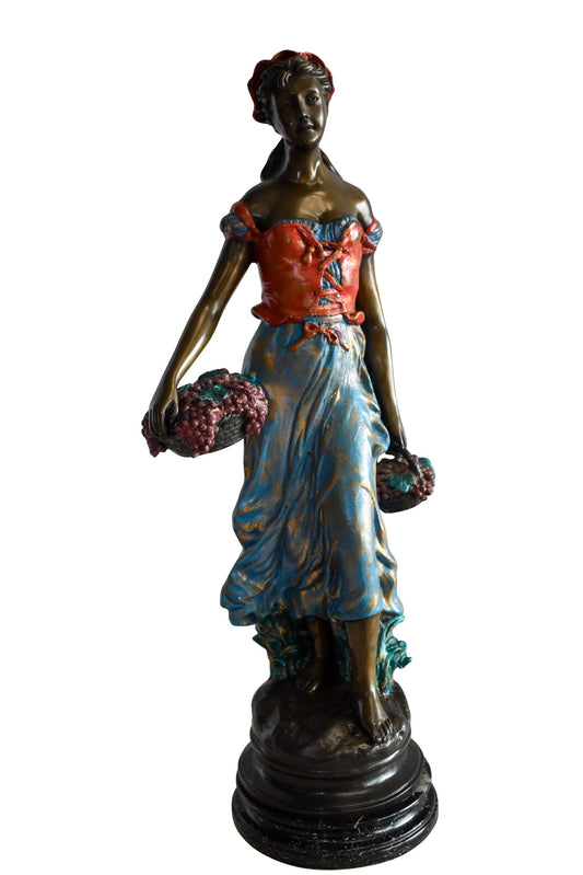 Tranquil Woman Strolling With Fruit Baskets Bronze Statue 13" x 10" x 30"H