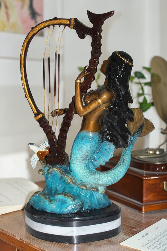 Mermaid play harp Bronze Statue -  Size: 13"L x 8"W x 22"H.
