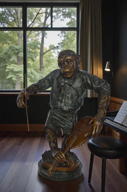 Monkey with Violin bronze statue - Size: 20"L x 17"W x 26"H