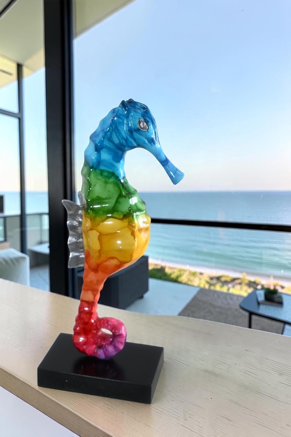 Blue to Red Rainbow Seahorse Statue Painted Aluminum Art 6"x4"x15"H