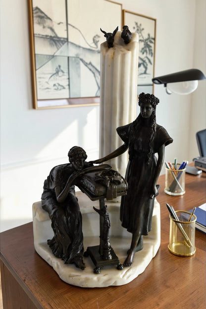 Two Pensive Goddesses by Marbe Pillar Bronze Statue  8" x 8" x 13"H
