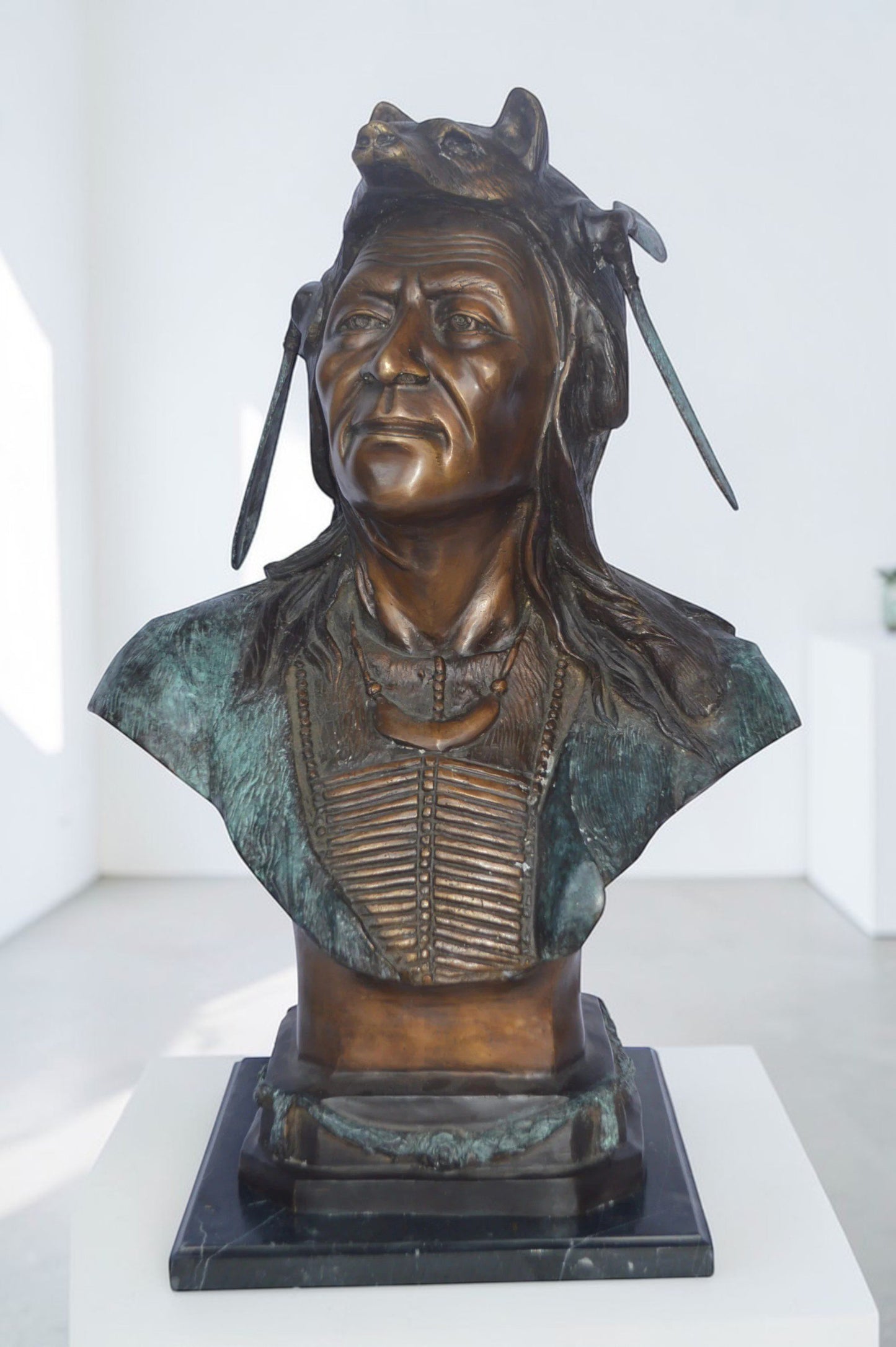 Indian Tribe Leader Bust bronze statue - Size: 22"L x 15"W x 32"H.