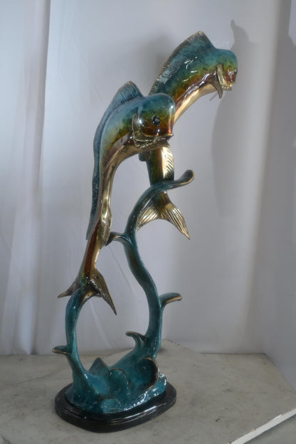 Bronze Dual Mahi Mahi Fish Sculpture on Wave Marble Base 19"x12"x35"H