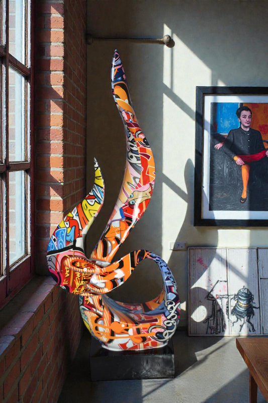 Modern Art Abstract of Fire Painted Graffiti Style Resin Statue  6" x 3" x 16"H