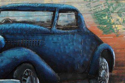 NIFAO 1930s Ford Coupe Inspired Blue Car 3D Metal Wall Art on Wood 79" x 2" x 40"H