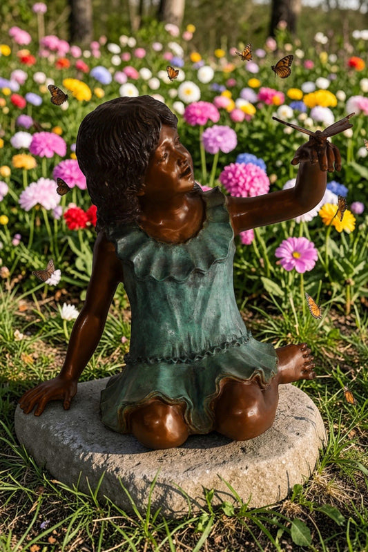 A Little Girl Playing with a Buterfly Bronze Statue 21" x 15" x 19"H