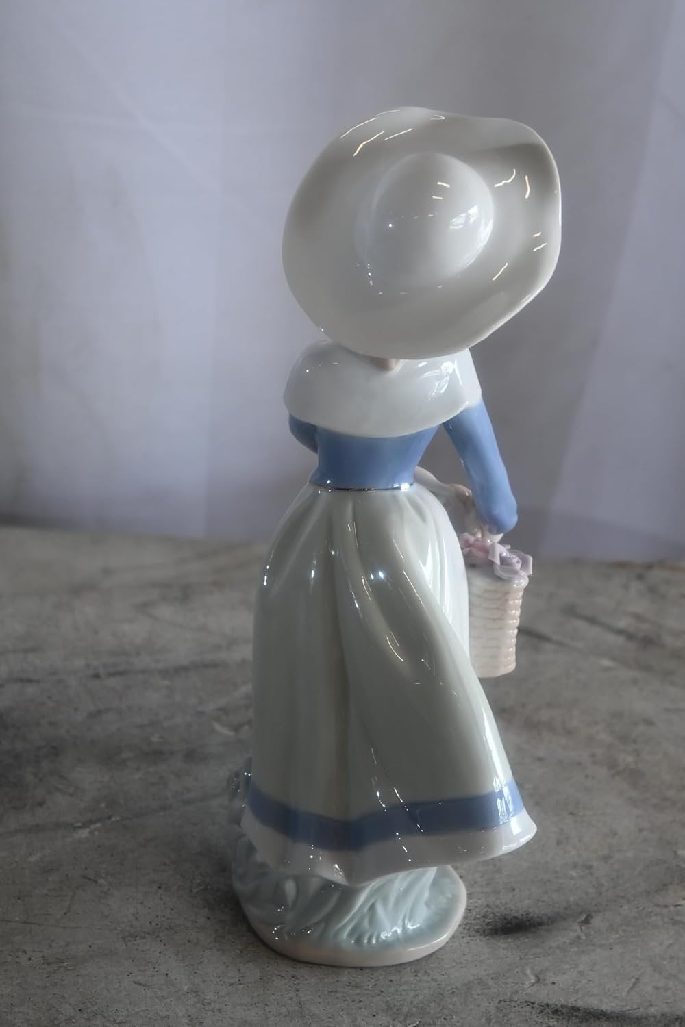 Porcelain Girl Carrying Flower Basket Blue Jacket Statue 6"x5"x12"H
