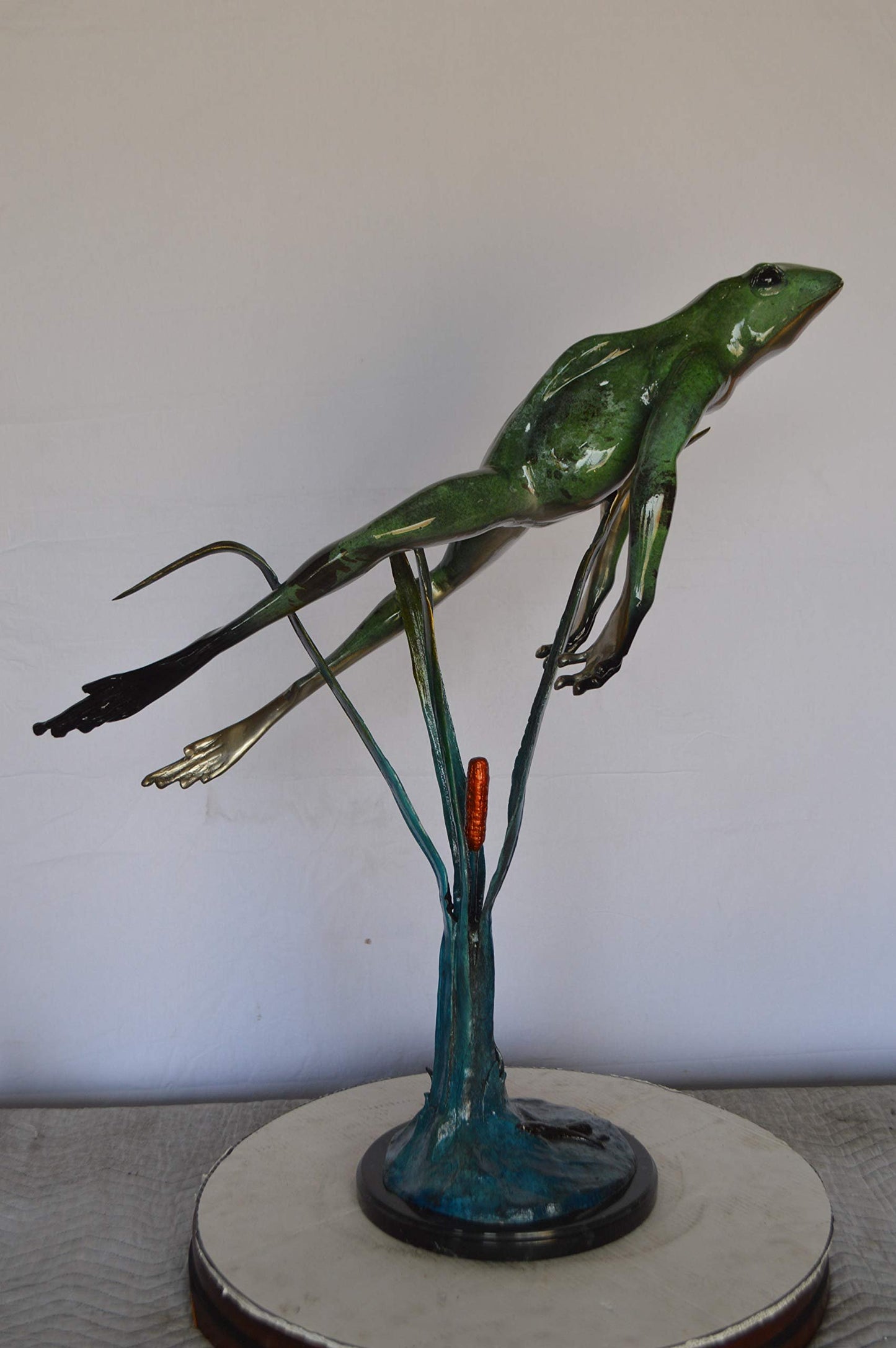 Large Frog Jumping Up Bronze Statue on a  Marble  -  Size: 30"L x 14"W x 34"H.