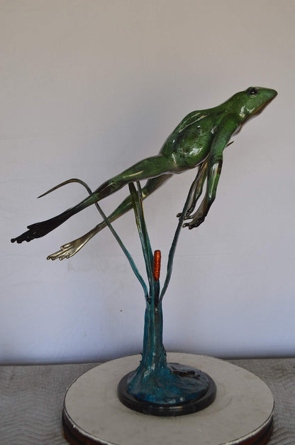 Large Frog Jumping Up Bronze Statue on a  Marble  -  Size: 30"L x 14"W x 34"H.