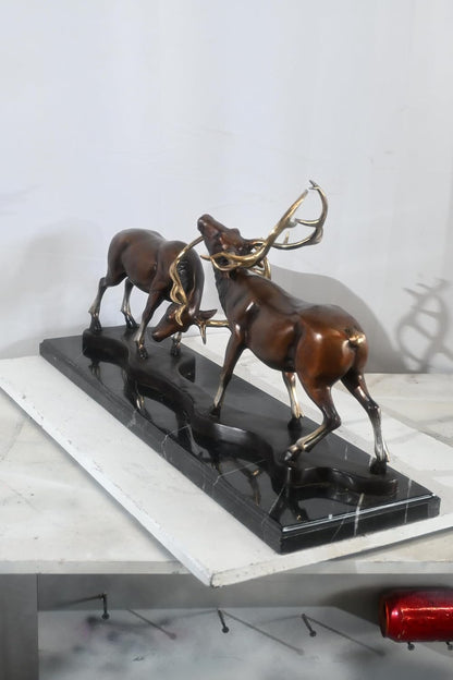 Bronze Locking Deer Stags Sculpture Marble Base 32"x8"x14"H