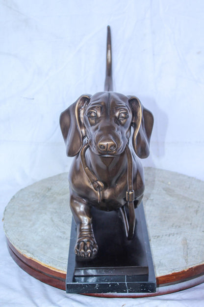 Detailed Dachshund Dog Walking Bronze Statue Mounted on Marble 29" x 8" x 15"H