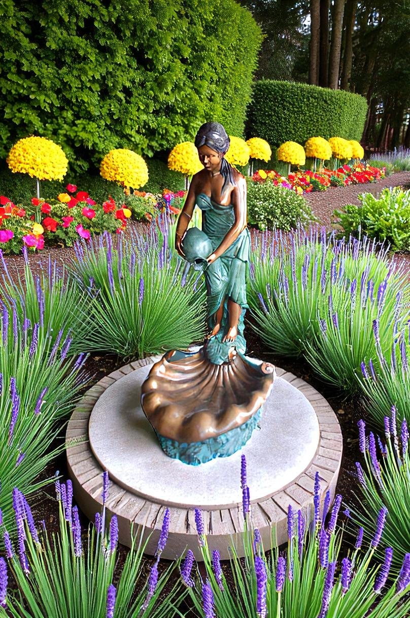 Girl Holding a Pot on Shell Fountain Bronze Statue -  Size: 33"L x 30"W x 62"H.