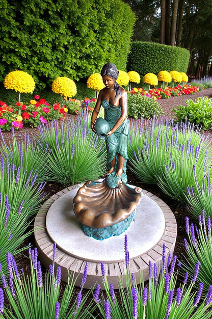 Girl Holding a Pot on Shell Fountain Bronze Statue -  Size: 33"L x 30"W x 62"H.