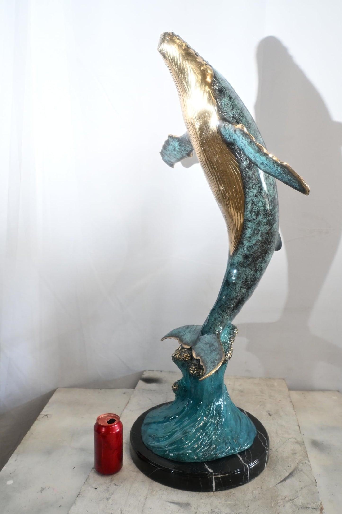 Bronze Humpback Whale Breaching Sculpture Ocean Wave 40"x24"x16"H