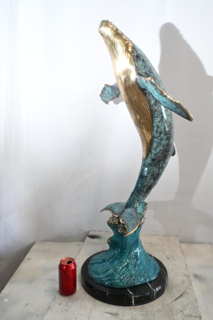Bronze Humpback Whale Breaching Sculpture Ocean Wave 40"x24"x16"H