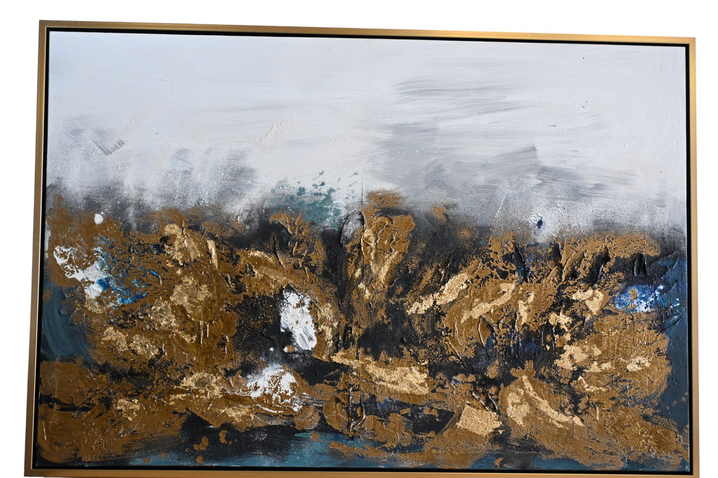 Steel Symphony Abstract Canvas Painting Gold Teal Framed 41"x61"