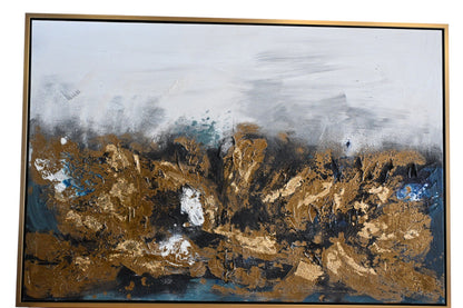 Steel Symphony Abstract Canvas Painting Gold Teal Framed 41"x61"